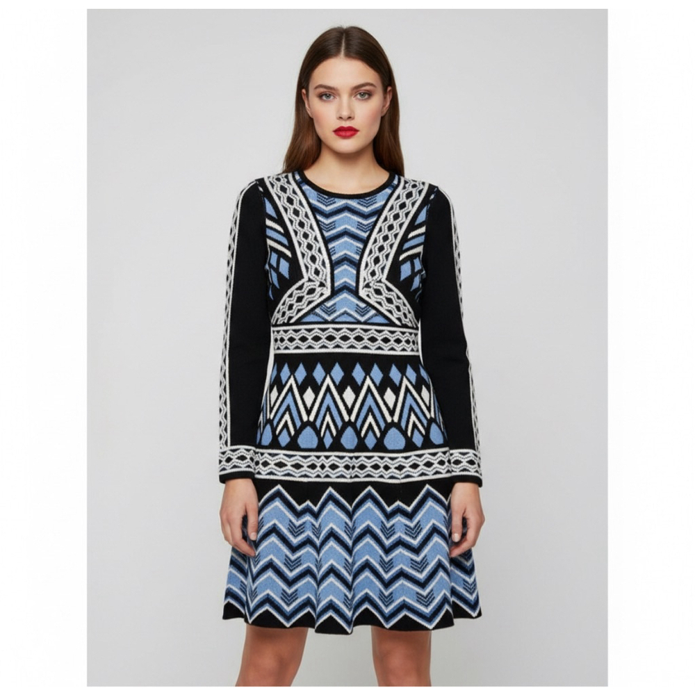 Eliza J. Black Blue Geo Stripe Long Sleeve Sweater Fit & Flare Dress Size Medium